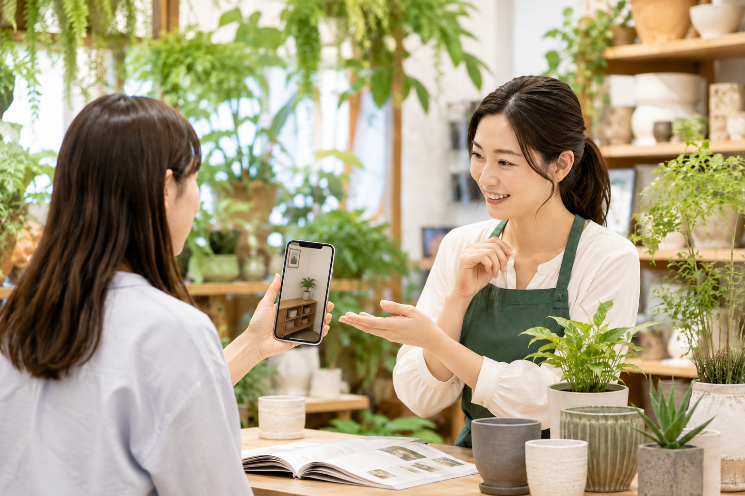 店舗スタッフにグリーンと鉢カバーの相談をしている様子